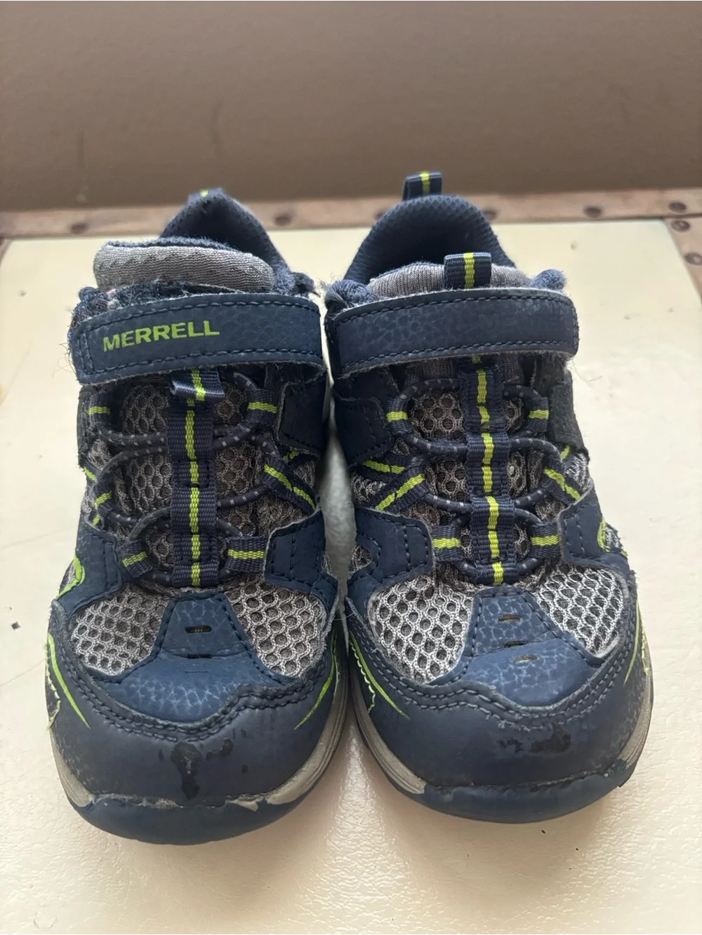 Merrell Kids Navy Blue and Gray Hiking Sneakers with Lime Accents